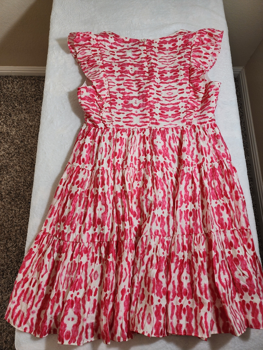AQUA Pink White Ikat Print Tiered Mini Dress Ruffle Sleeve V-Neck Size M - Picture 10 of 12